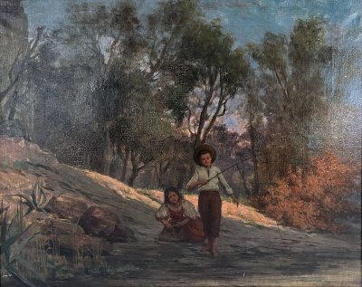 Oil painting on canvas (19th/20th century) Children fishermen in the undergrowth