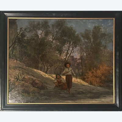 Oil painting on canvas (19th/20th century) Children fishermen in the undergrowth