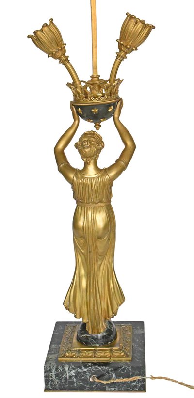 Empire style gilt bronze and marble lamp representing a caryatid