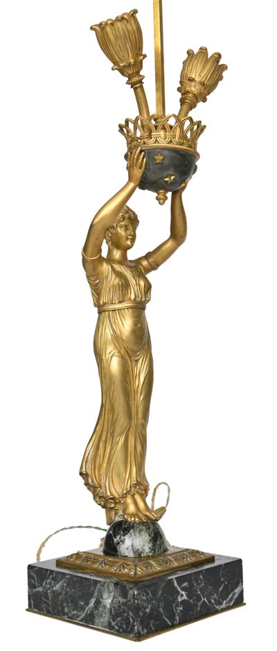 Empire style gilt bronze and marble lamp representing a caryatid