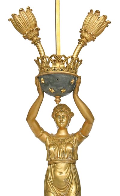 Empire style gilt bronze and marble lamp representing a caryatid