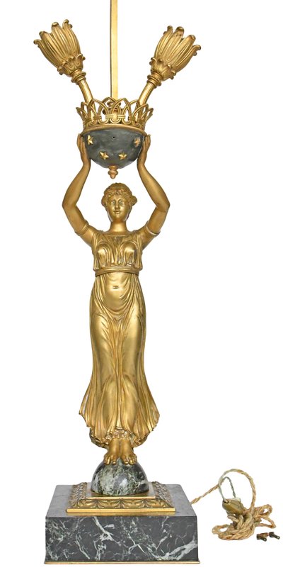 Empire style gilt bronze and marble lamp representing a caryatid