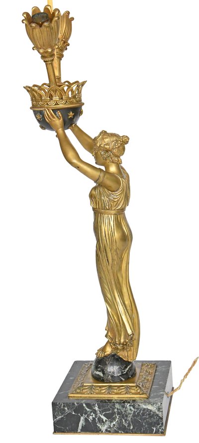 Empire style gilt bronze and marble lamp representing a caryatid