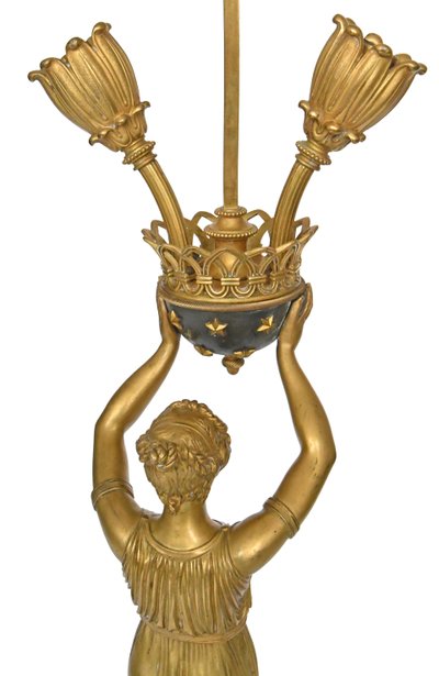 Empire style gilt bronze and marble lamp representing a caryatid