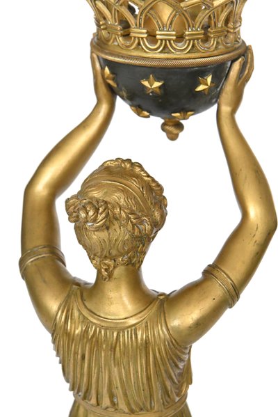 Empire style gilt bronze and marble lamp representing a caryatid