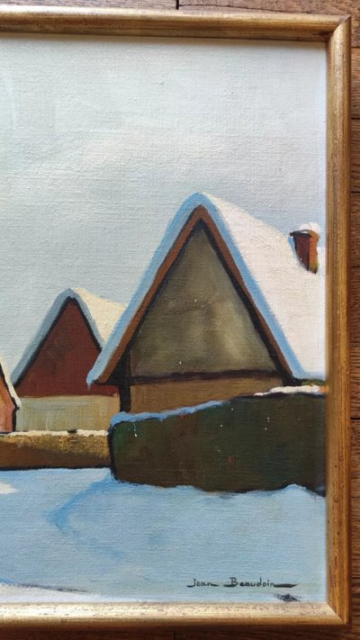 Old Painting Canvas Landscape Snow Jean Beaudoin