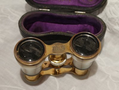 Pair of mother-of-pearl theatre binoculars with leather case, late 19th century