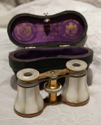 Pair of mother-of-pearl theatre binoculars with leather case, late 19th century