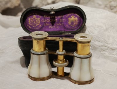 Pair of mother-of-pearl theatre binoculars with leather case, late 19th century