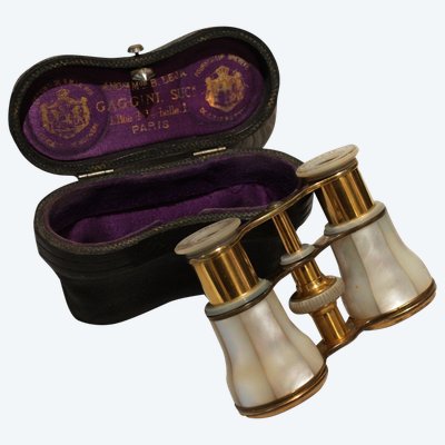 Pair of mother-of-pearl theatre binoculars with leather case, late 19th century