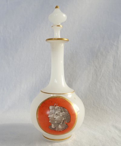 Baccarat - painted opaline liqueur carafe - antique busts, circa 1880