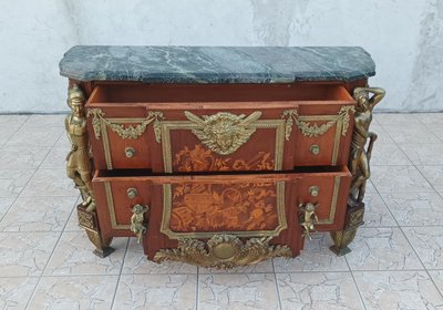 Louis XVI chest of drawers in the style of Jean-Henry Riesener in bronze beech and marble, 20th century