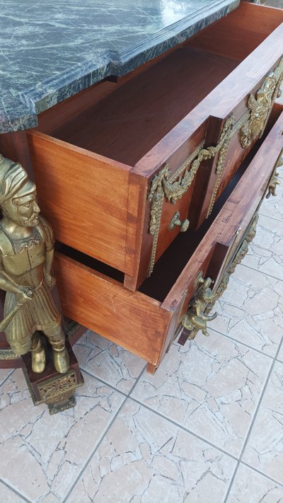 Louis XVI chest of drawers in the style of Jean-Henry Riesener in bronze beech and marble, 20th century