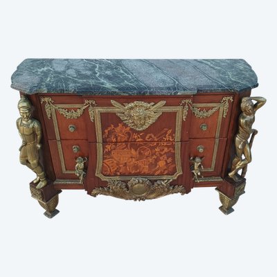 Louis XVI chest of drawers in the style of Jean-Henry Riesener in bronze beech and marble, 20th century