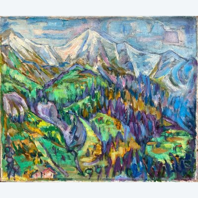 Painting "The Alps" Oil on Canvas M. GUETTA-FATTAL (1922-2009) Fauvism Cubism Mountain