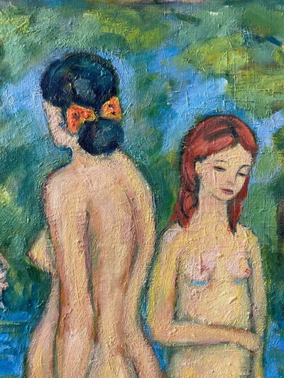 Large HST painting "Bathers" Marcelle GUETTA-FATTAL (1922-2009) Fauvism