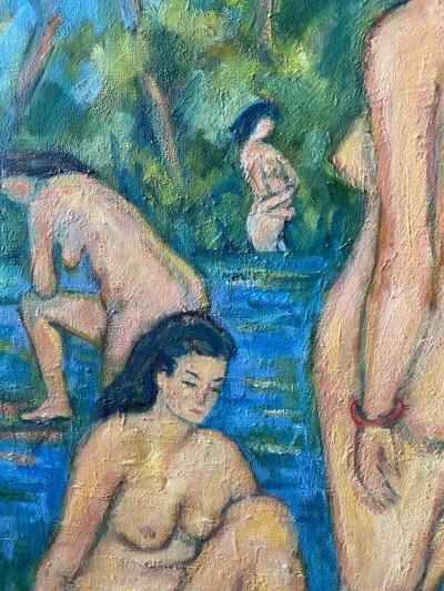 Large HST painting "Bathers" Marcelle GUETTA-FATTAL (1922-2009) Fauvism