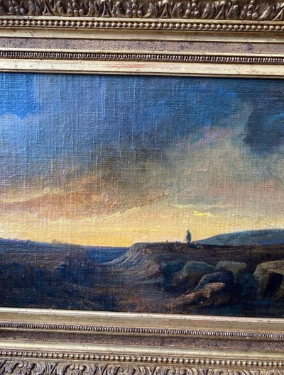 19th century painting Romantic landscape "Lonely shepherd at dusk" HST/P + frame