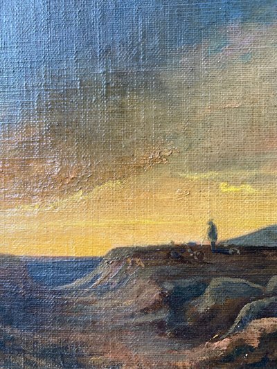 19th century painting Romantic landscape "Lonely shepherd at dusk" HST/P + frame