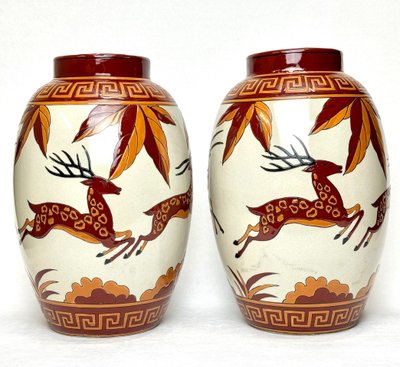 Keralouve - Pair of Art Deco Vases in Enamelled Earthenware