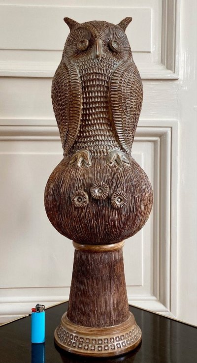 Guy-Roland Marcy (1925-1990s), Large Glazed Earthenware Ridge Spike Forming an Owl.