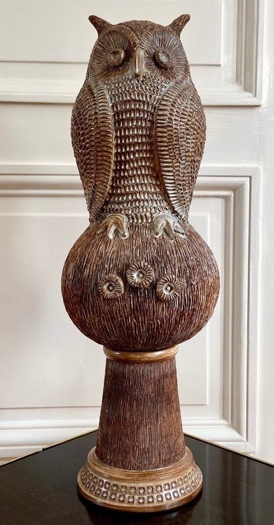 Guy-Roland Marcy (1925-1990s), Large Glazed Earthenware Ridge Spike Forming an Owl.