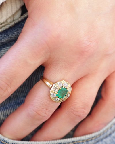 Colombian Emerald cluster Ring In 18k Gold, Belle Epoque Ring, Antique Jewelry, Engagement