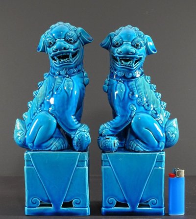 China, 1950s/1960s, Pair Of Blue Porcelain Fo Dogs.