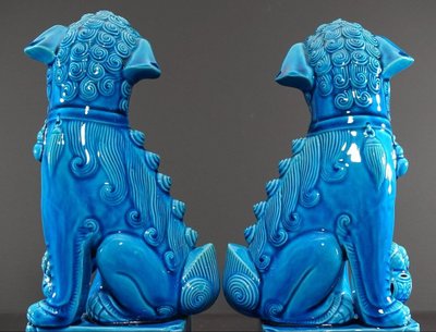 China, 1950s/1960s, Pair Of Blue Porcelain Fo Dogs.