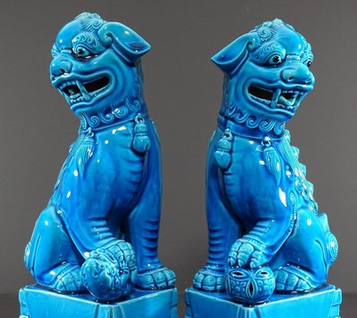 China, 1950s/1960s, Pair Of Blue Porcelain Fo Dogs.