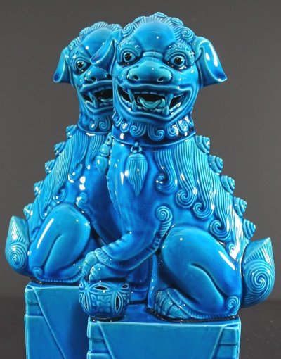 China, 1950s/1960s, Pair Of Blue Porcelain Fo Dogs.