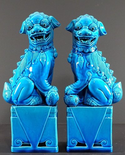 China, 1950s/1960s, Pair Of Blue Porcelain Fo Dogs.