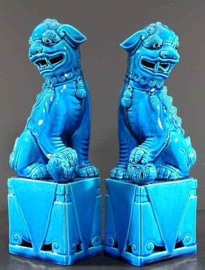 China, 1950s/1960s, Pair Of Blue Porcelain Fo Dogs.