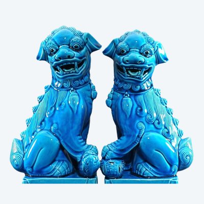 China, 1950s/1960s, Pair Of Blue Porcelain Fo Dogs.