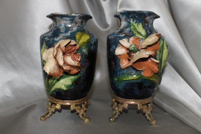 Pair of barbotine vases with floral decoration in the style of Montigny sur Loing, 19th century