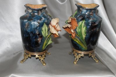 Pair of barbotine vases with floral decoration in the style of Montigny sur Loing, 19th century