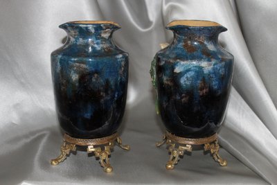 Pair of barbotine vases with floral decoration in the style of Montigny sur Loing, 19th century