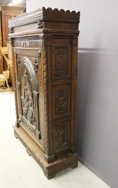 Henri II Style Oak Bonnetière with Joan of Arc Decor, Late 19th Century