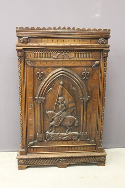 Henri II Style Oak Bonnetière with Joan of Arc Decor, Late 19th Century