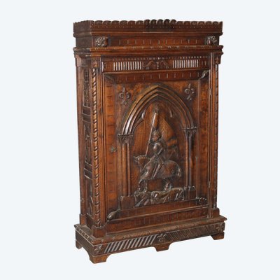 Henri II Style Oak Bonnetière with Joan of Arc Decor, Late 19th Century