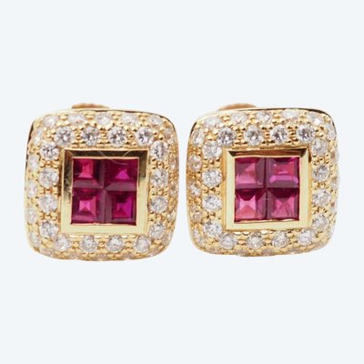 Luxury earrings in yellow gold, rubies and diamonds