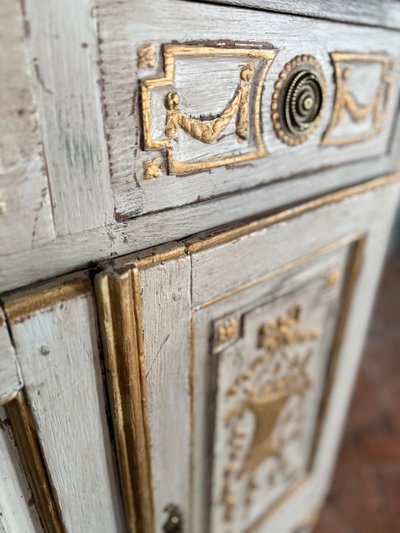 18th century Louis XVI small carved 2-body display cabinet, rich patina