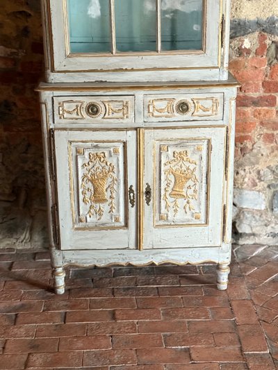 18th century Louis XVI small carved 2-body display cabinet, rich patina