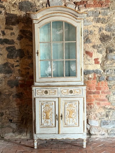 18th century Louis XVI small carved 2-body display cabinet, rich patina