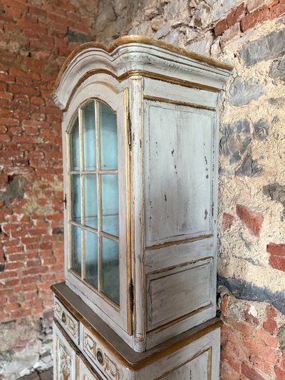 18th century Louis XVI small carved 2-body display cabinet, rich patina