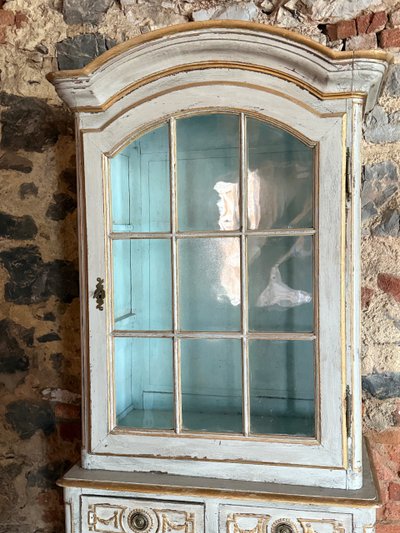 18th century Louis XVI small carved 2-body display cabinet, rich patina