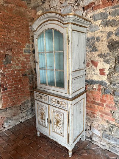 18th century Louis XVI small carved 2-body display cabinet, rich patina