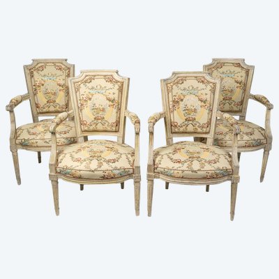 Set of Four Louis XVI Circa Beechwood Lacquered Armchairs Circa 1780-1790