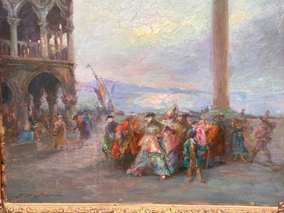 Carnaval De Venise Piazza San Marco - Olio su cartone Fine XIX secolo - Pittura - Tableau