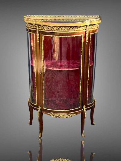 1/2 MOON GLASS CAGE DISPLAY CASE IN MARQUETRY AND BRONZE FROM THE NAPOLEON III PERIOD